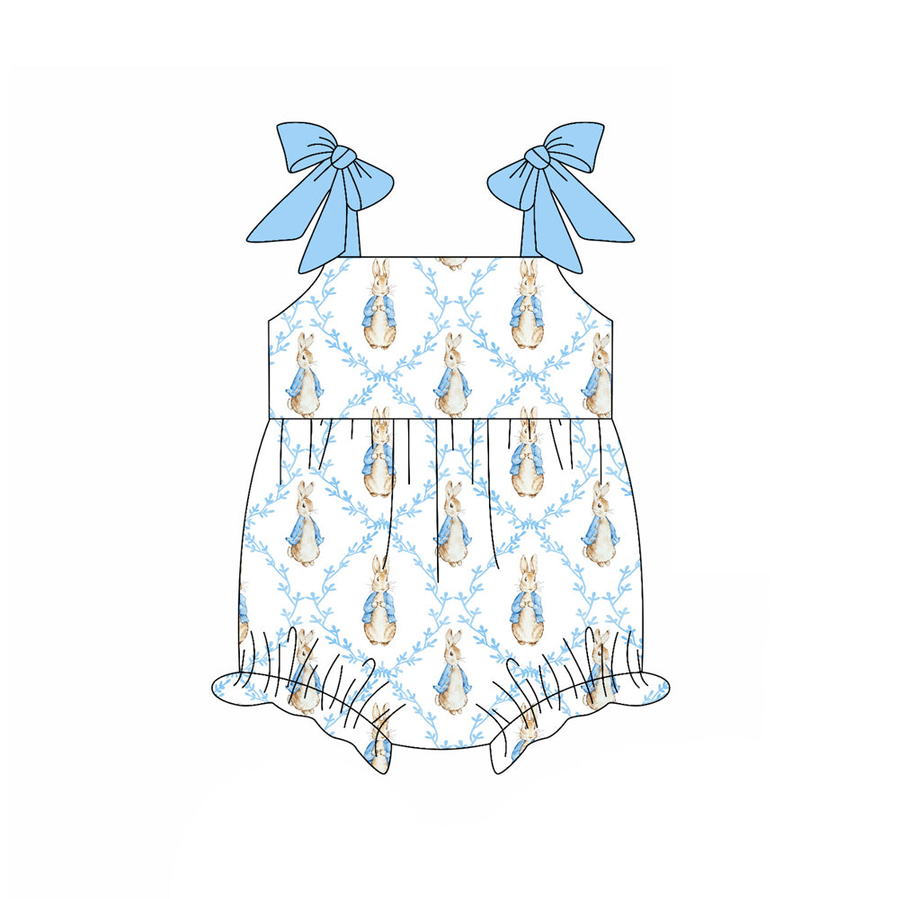 MOQ 5 PCS preorder SR3955 Easter Bunny Flower Blue White Sleeveless Girls Bubble Romper 202601
