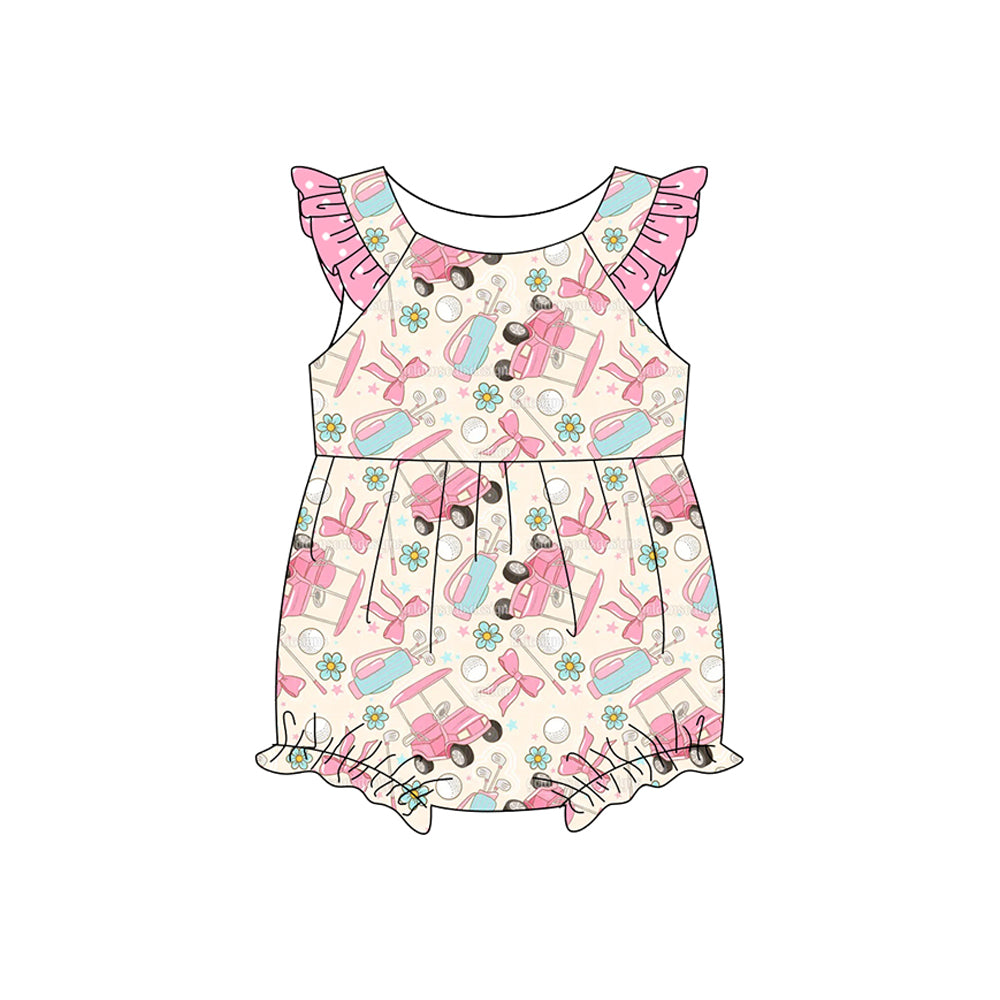 MOQ 5 PCS preorder SR3956 Golf Flower Dots Print Pink Flying Sleeve Girls Bubble Romper 202601