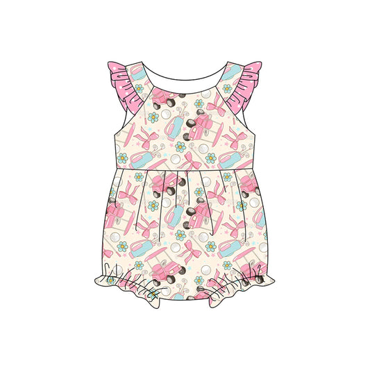 MOQ 5 PCS preorder SR3956 Golf Flower Dots Print Pink Flying Sleeve Girls Bubble Romper 202601