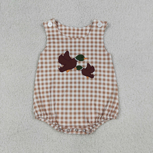 SR3958 Embroidered Duck Hunting Khaki Plaid Sleeveless Boys Romper 202604 RTS