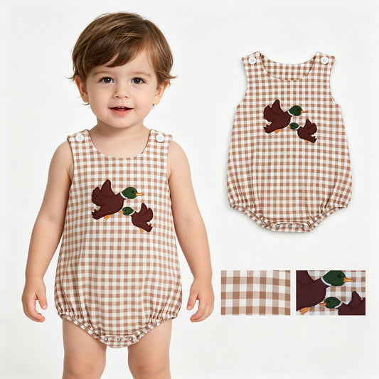 SR3958 Embroidered Duck Hunting Khaki Plaid Sleeveless Boys Romper 202604 RTS