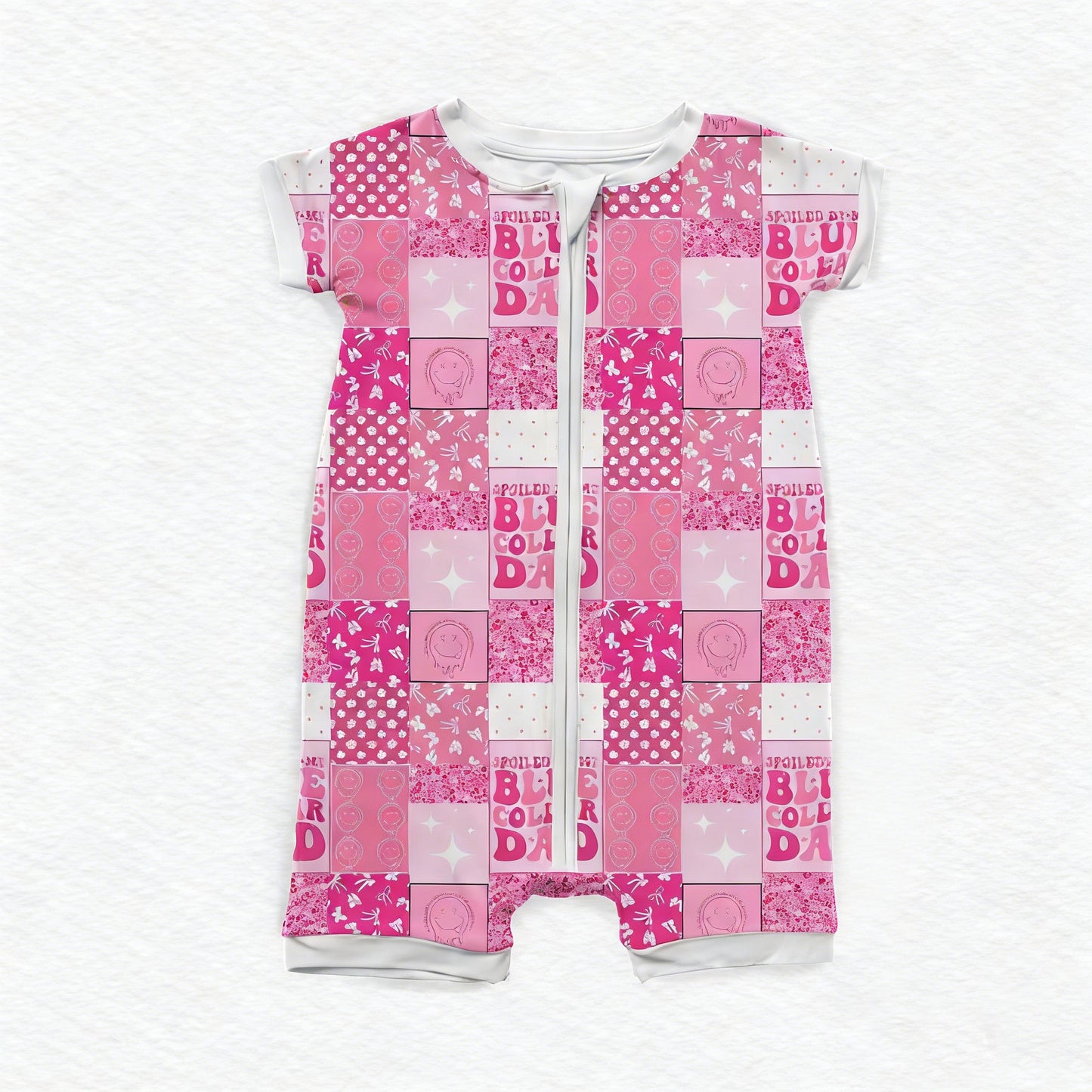 MOQ 5 PCS preorder SR3964 Spoiled by My Blue Collar Dad Letter Plaid Rose Red Zip Short Sleeve Girls Romper 202601