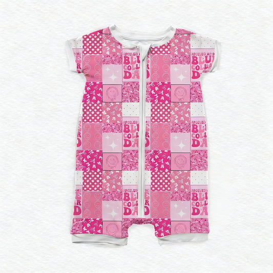 MOQ 5 PCS preorder SR3964 Spoiled by My Blue Collar Dad Letter Plaid Rose Red Zip Short Sleeve Girls Romper 202601