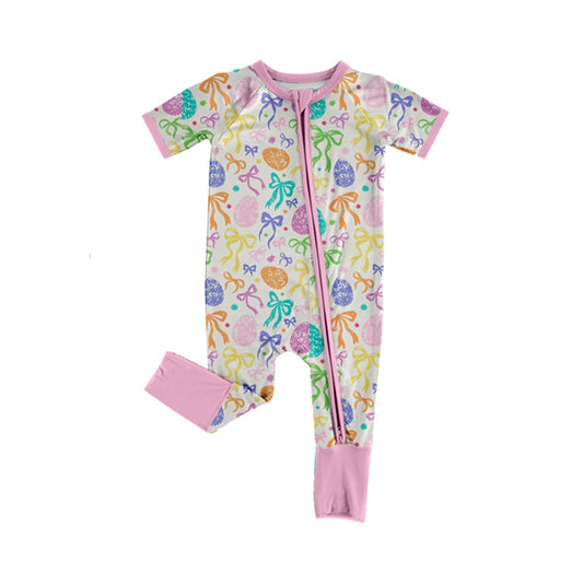 MOQ 5 PCS preorder SR3967 Easter Colored Eggs Bows Pink Zip Short Sleeve Girls Romper 202601