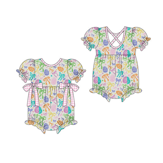 MOQ 5 PCS preorder SR3968 Easter Colored Eggs Pink Plaid Bows Short Sleeve Girls Bubble Romper 202601
