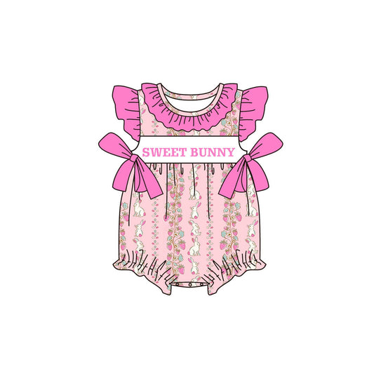 MOQ 5 PCS preorder SR3969 Easter Sweet Bunny Flower Ruffle Bows Rose Red Flying Sleeve Girls Bubble Romper 202601