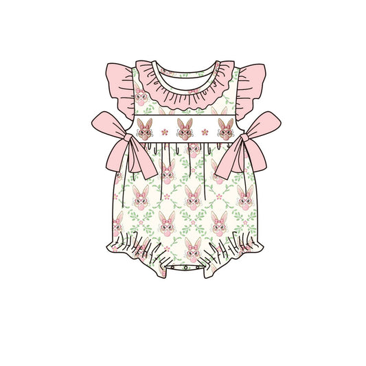 MOQ 5 PCS preorder SR3970 Easter Bunny Flower Leaf Ruffle Bows Pink Flying Sleeve Girls Bubble Romper 202601