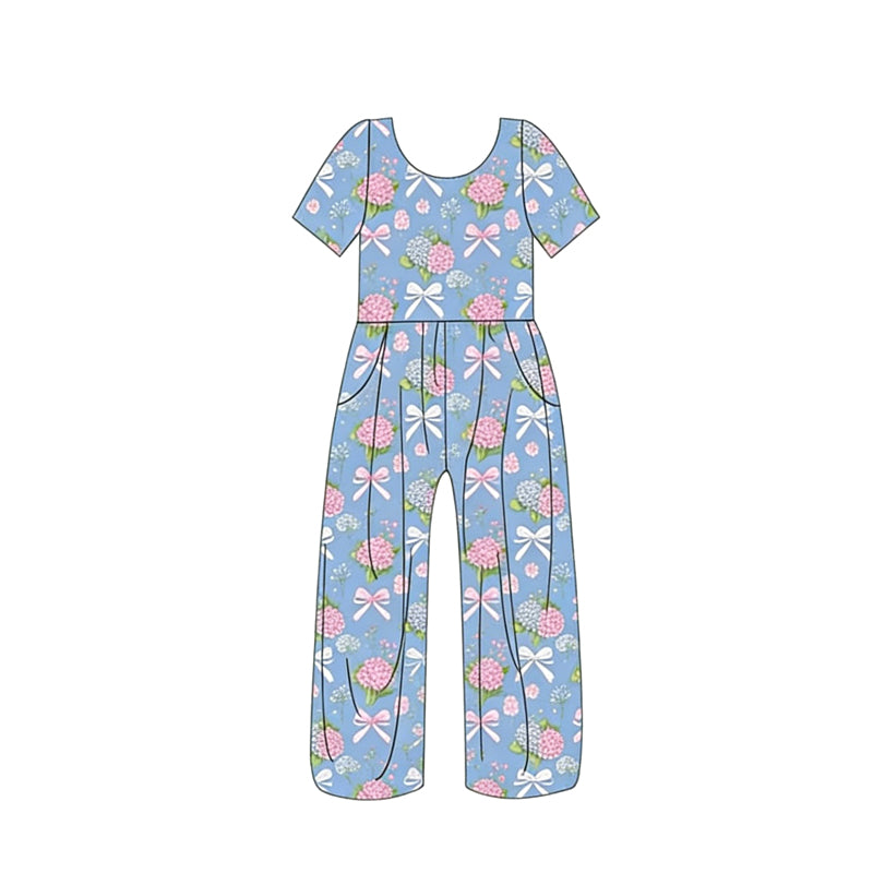 MOQ 5 PCS Preorder SR3974 Flower Bows Gray Blue Short Sleeve Girls Overalls Jumpsuits 202601