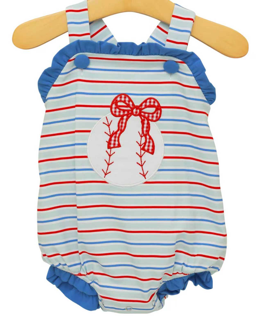 MOQ 5 PCS preorder SR3978 Baseball Bows Stripe Blue Ruffle Sleeveless Girls Bubble Romper 202601
