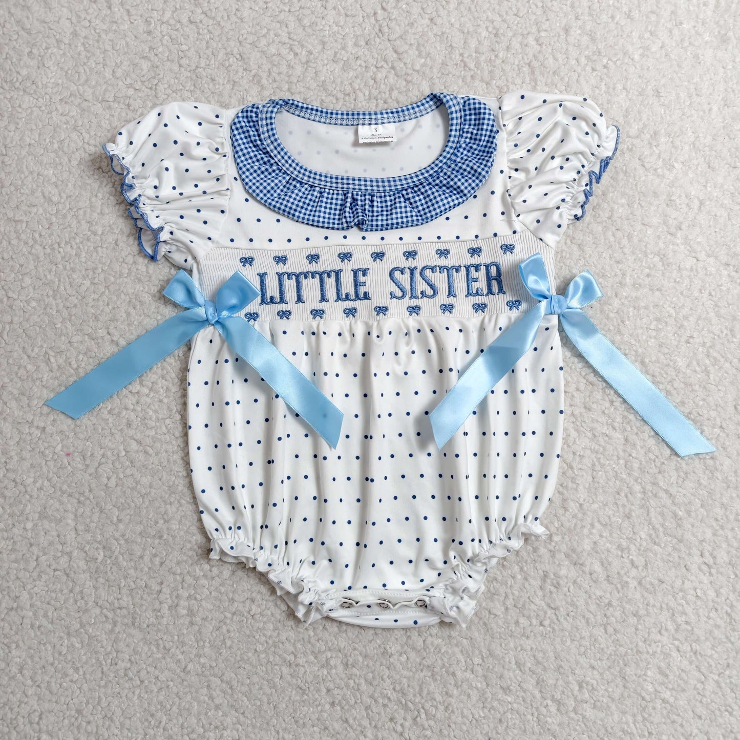 SR3981 Smocked Little Sister Dots Bows Ruffle Beige Short Sleeve Girls Bubble Romper 202606 RTS