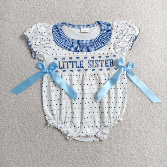 SR3981 Smocked Little Sister Dots Bows Ruffle Beige Short Sleeve Girls Bubble Romper 202606 RTS