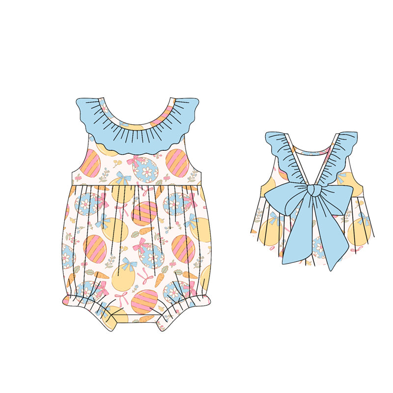 MOQ 5 PCS preorder SR3982 Easter Colored Eggs Blue Ruffle Sleeveless Girls Bubble Romper 202601