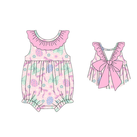MOQ 5 PCS preorder SR3983 Easter Colored Eggs Pink Ruffle Sleeveless Girls Bubble Romper 202601