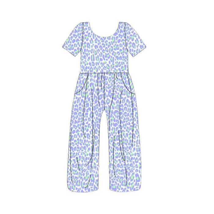 MOQ 5 PCS Preorder SR3988 Blue Purple Leopard Short Sleeve Girls Overalls Jumpsuits 202601