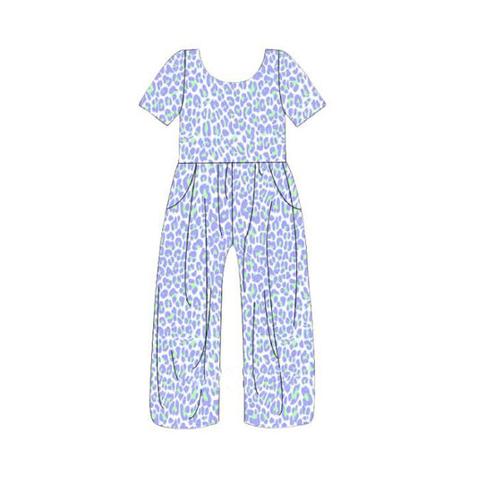 MOQ 5 PCS Preorder SR3988 Blue Purple Leopard Short Sleeve Girls Overalls Jumpsuits 202601
