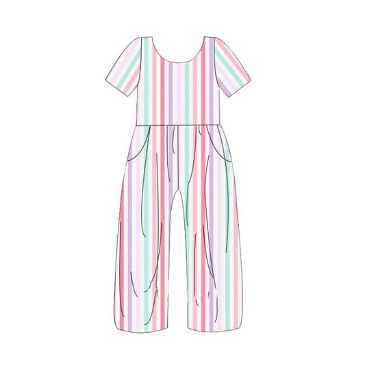 MOQ 5 PCS Preorder SR3989 Colored Stripe Short Sleeve Girls Overalls Jumpsuits 202601