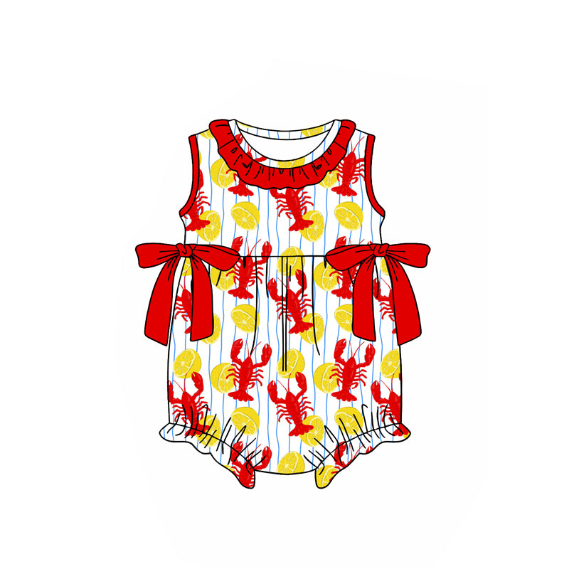 MOQ 5 PCS preorder SR3992 Crayfish Lemon Ruffle Red Bows Sleeveless Girls Bubble Romper 202601