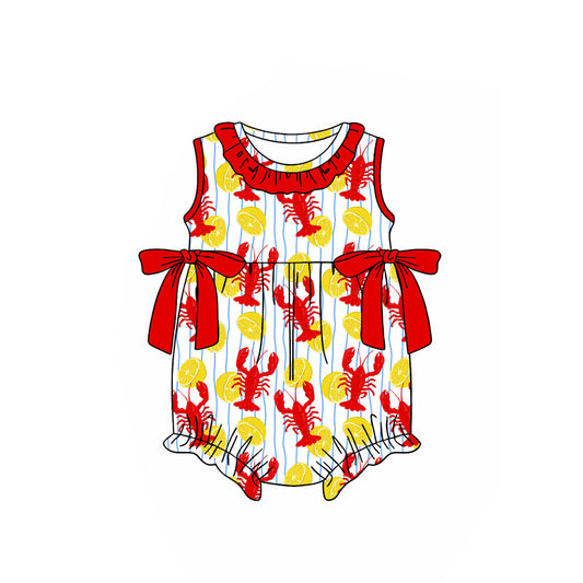 MOQ 5 PCS preorder SR3992 Crayfish Lemon Ruffle Red Bows Sleeveless Girls Bubble Romper 202601