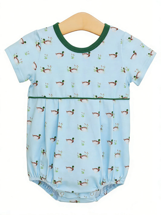 MOQ 5 PCS preorder SR3999 Duck Hunting Dark Green O-Neck Short Sleeve Boys Bubble Romper 202601