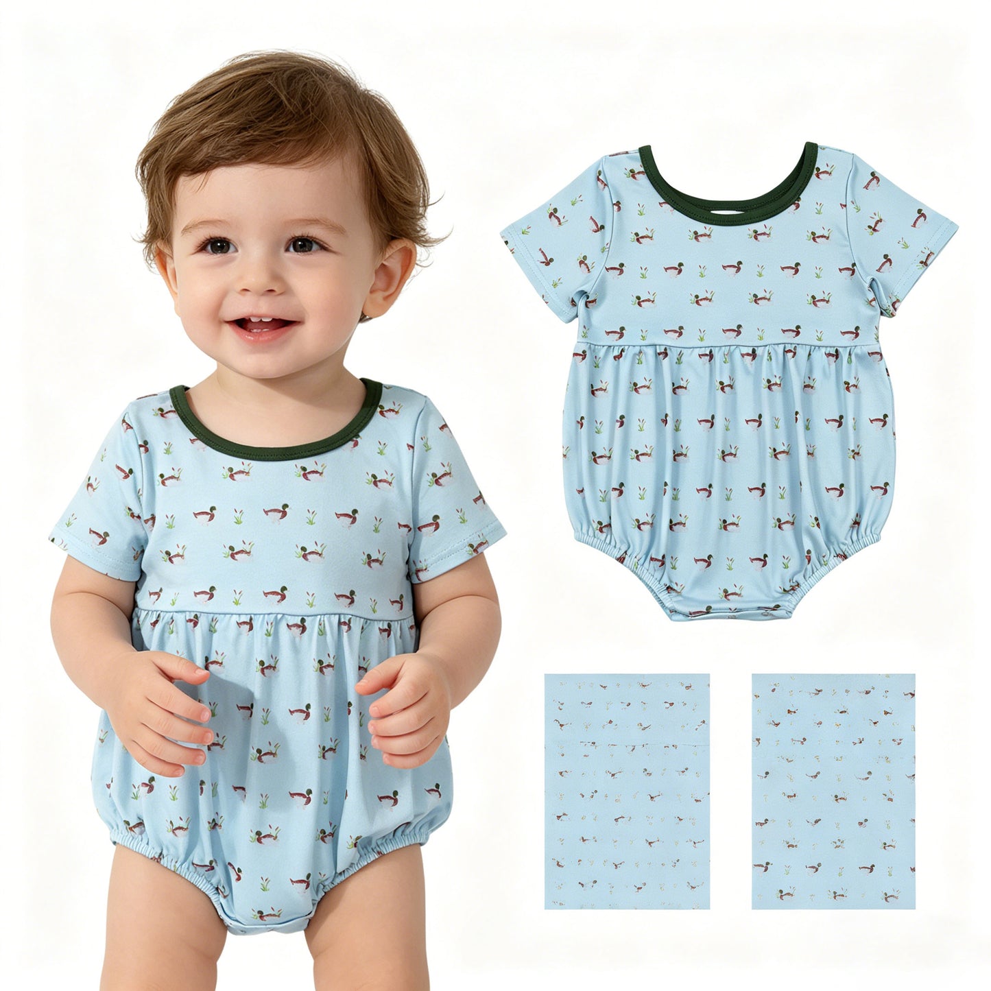 SR3999 Duck Hunting Dark Green O-Neck Short Sleeve Boys Bubble Romper 202604 RTS