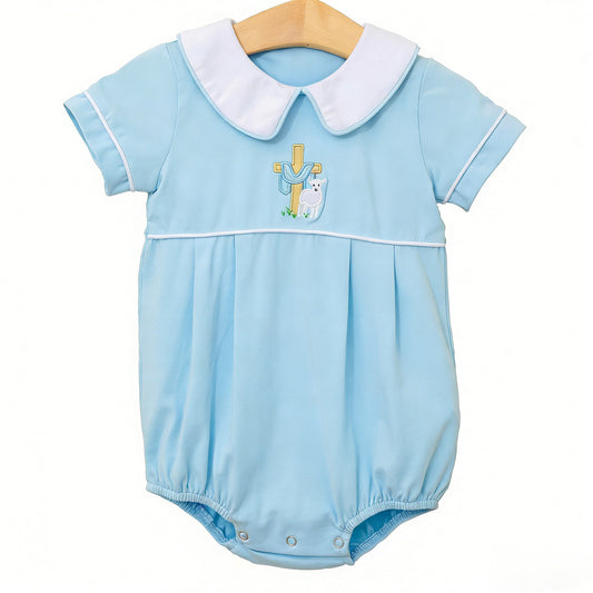 MOQ 5 PCS preorder SR4000 Easter Cross Lamb  Doll Collar Blue Short Sleeve Boys Bubble Romper 202601