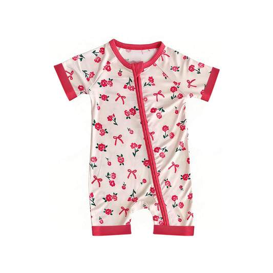 MOQ 5 PCS preorder SR4004 Flower Bows Rose Red Zipper Short Sleeve Girls Romper 202601