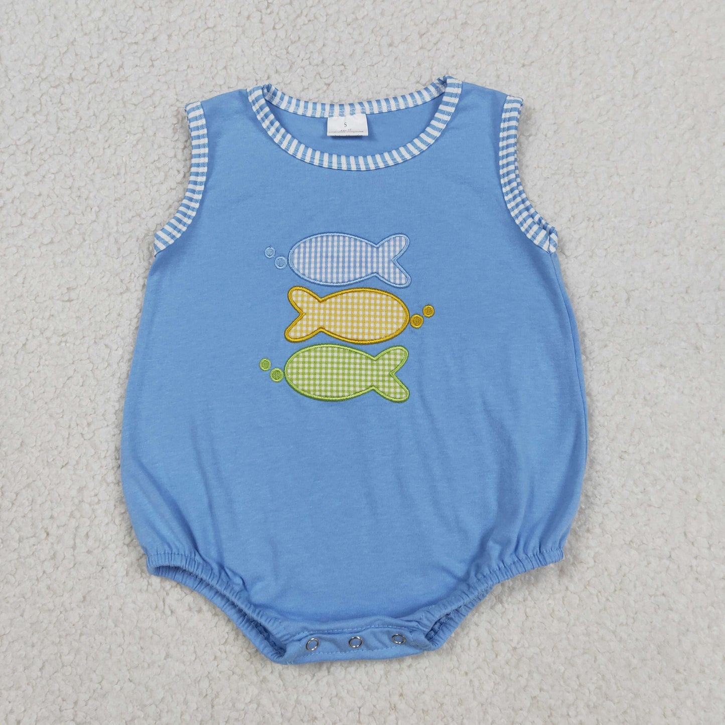 SR4005 Embroidered Fishing Pattern Blue Sleeveless Boys Bubble Romper 202605 RTS