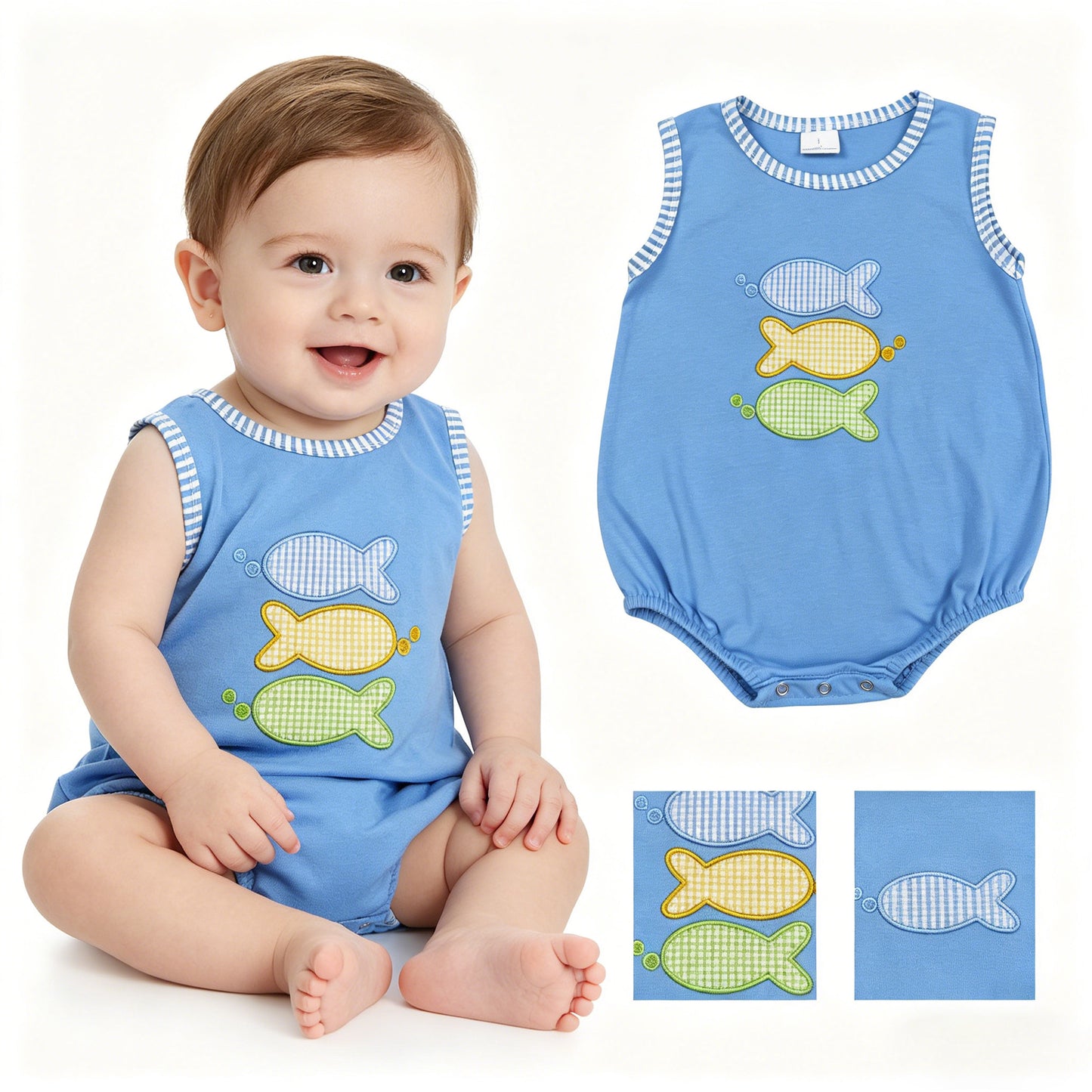 SR4005 Embroidered Fishing Pattern Blue Sleeveless Boys Bubble Romper 202605 RTS