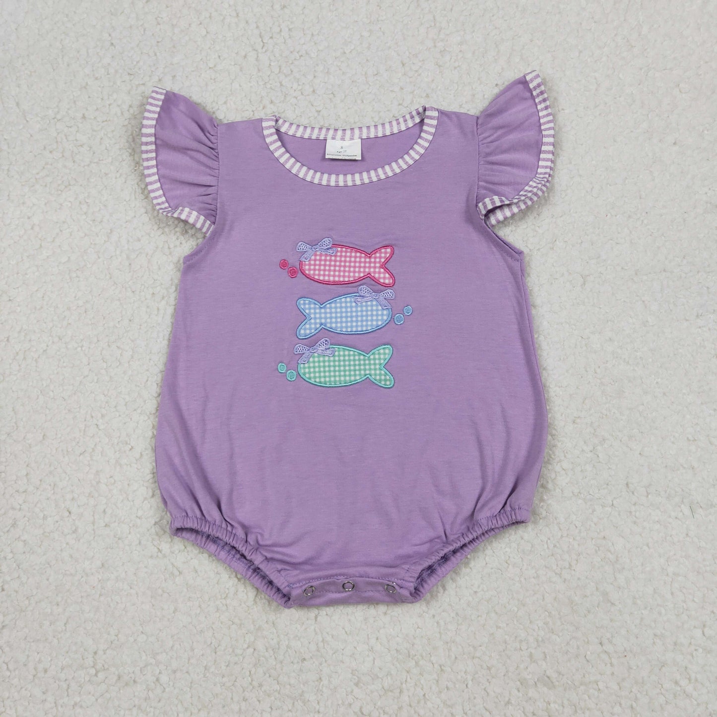 SR4006 Embroidered Fishing Pattern Purple Flying Sleeve Girls Bubble Romper 202604 RTS
