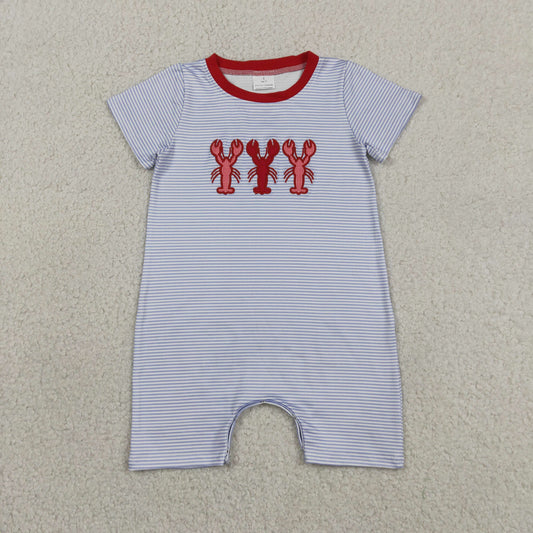 SR4007 Embroidered Crayfish Pattern Blue Purple Stripe Short Sleeve Boys Romper 202605 RTS