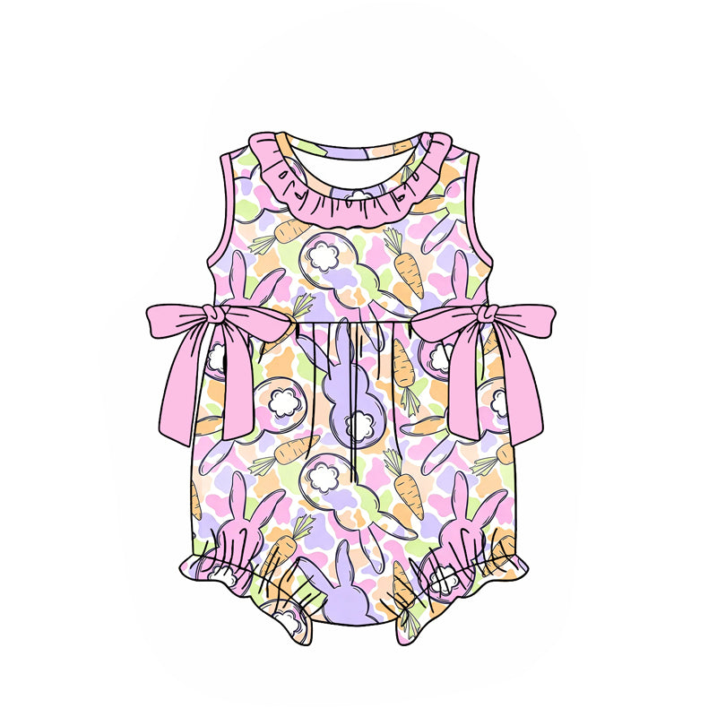MOQ 5 PCS preorder SR4010 Easter Bunny Pink Purple Ruffle Bows Sleeveless Girls Bubble Romper 202601