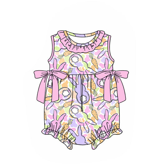 MOQ 5 PCS preorder SR4010 Easter Bunny Pink Purple Ruffle Bows Sleeveless Girls Bubble Romper 202601