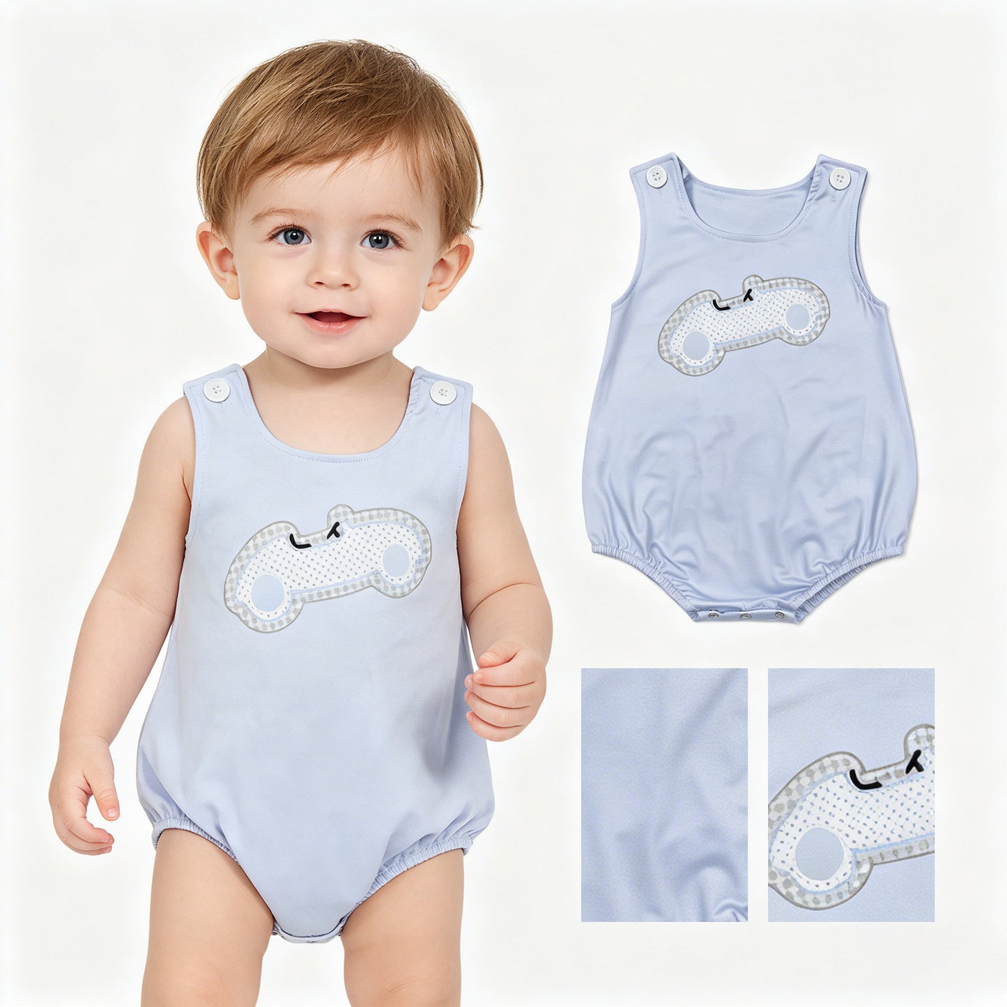 SR4013 Cars Blue Sleeveless Boys Bubble Romper 202604 RTS