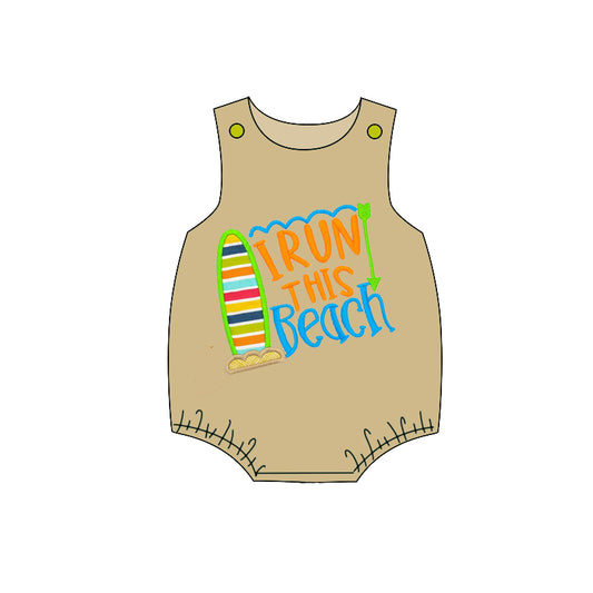 MOQ 5 PCS preorder SR4014 I run this beach Letter Surfboard Khaki Sleeveless Boys Bubble Romper 202601