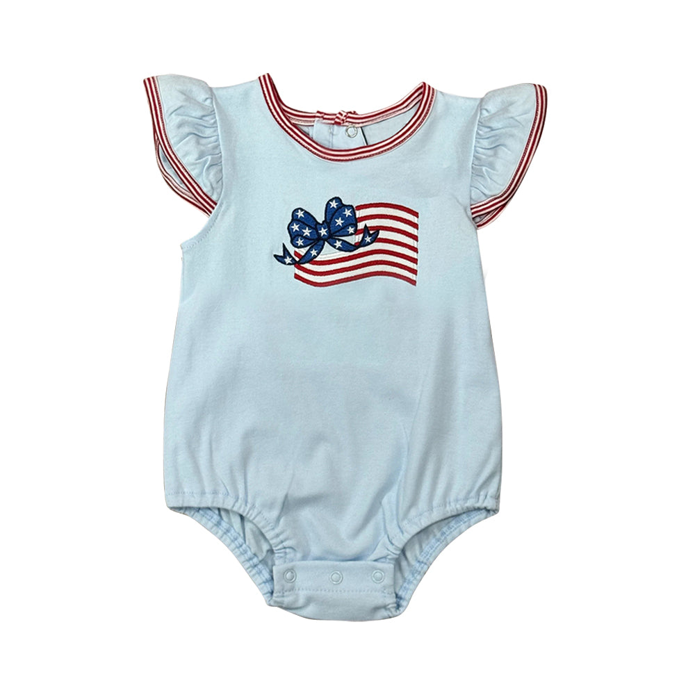 MOQ 5 PCS preorder SR4017 4th of July Bow Star Flag Blue Flying Sleeve Bubble Romper 202601