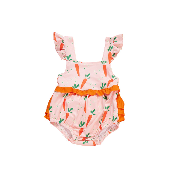MOQ 5 PCS preorder SR4019 Easter Carrots Orange Ruffle Pink Flying Sleeve Girls Bubble Romper 202601