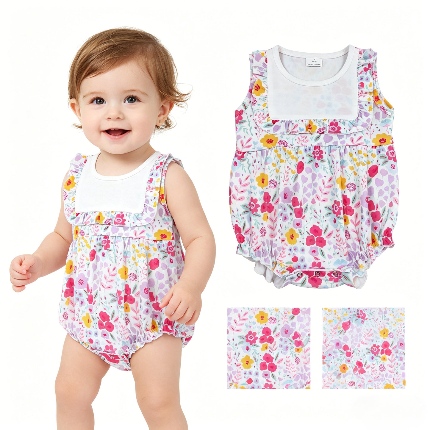 SR4021 Pink Purple Flower Ruffle Sleeveless Girls Bubble Romper 202605 RTS