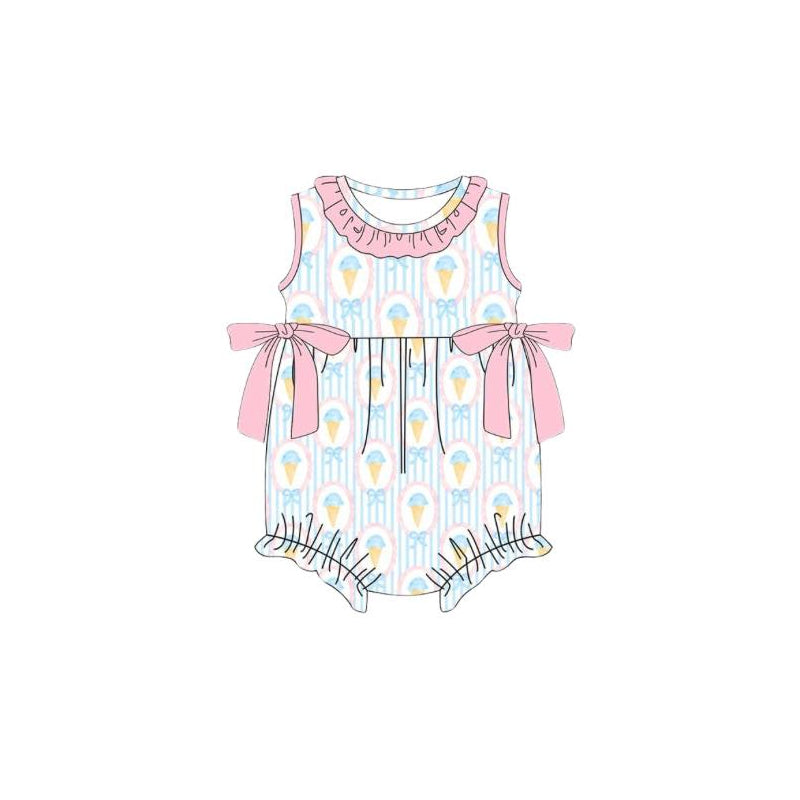 MOQ 5 PCS preorder SR4022 Ice Cream Bows Stripe Pink Ruffle Sleeveless Girls Bubble Romper 202601