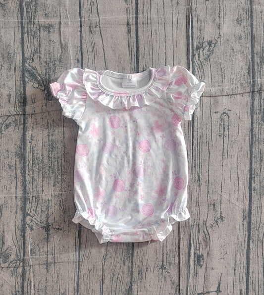 NO MOQ preorder SR4023 Light Pink Purple Flower Leaf Ruffle Short Sleeve Girls Bubble Romper 202602