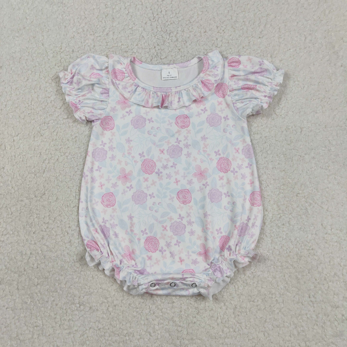 SR4023 Light Pink Purple Flower Leaf Ruffle Short Sleeve Girls Bubble Romper 202603 RTS