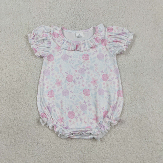 SR4023 Light Pink Purple Flower Leaf Ruffle Short Sleeve Girls Bubble Romper 202603 RTS