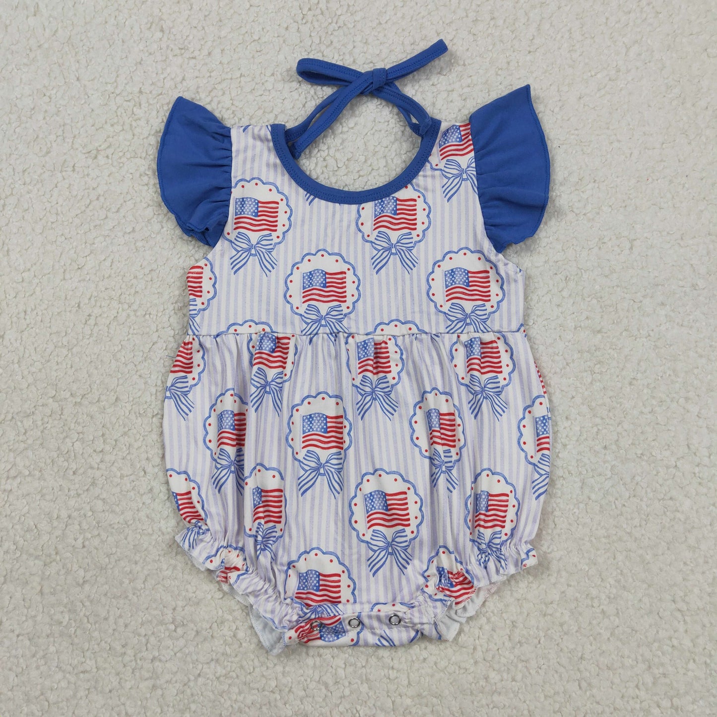 SR4029 4th of July Flag Bows Stripe Blue Flying Sleeve Girls Bubble Romper 202604 RTS