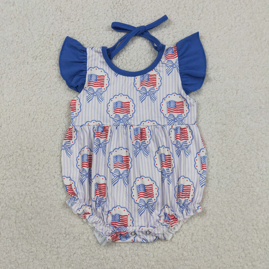 Sibling Matching Clothes 4th of July Flag Blue Fly Sleeve Girls Outfit 202604 RTS