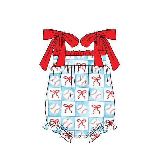 MOQ 5 PCS preorder SR4031 Baseball Bows Blue Plaid Red Ruffle Halter Girls Bubble Romper 202601