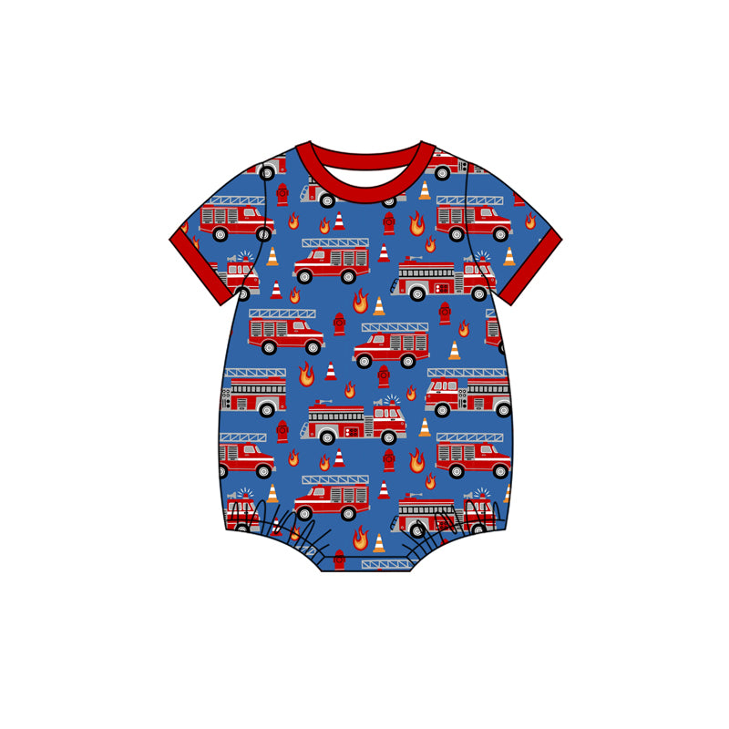 MOQ 5 PCS preorder SR4033 Fire Trucks Blue Red Short Sleeve Boys Bubble Romper 202601
