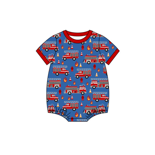 MOQ 5 PCS preorder SR4033 Fire Trucks Blue Red Short Sleeve Boys Bubble Romper 202601