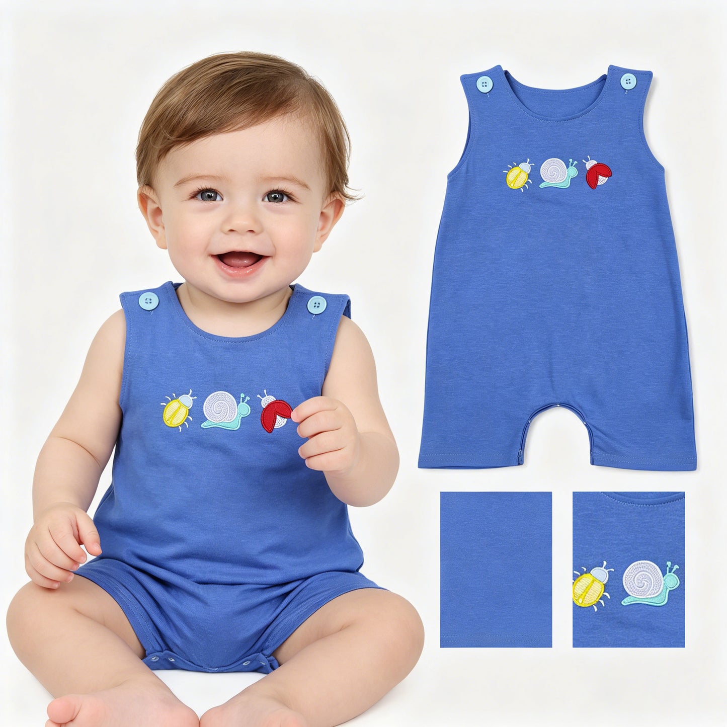 SR4036 Embroidered Snail Insect Blue Purple Sleeveless Boys Romper 202604 RTS