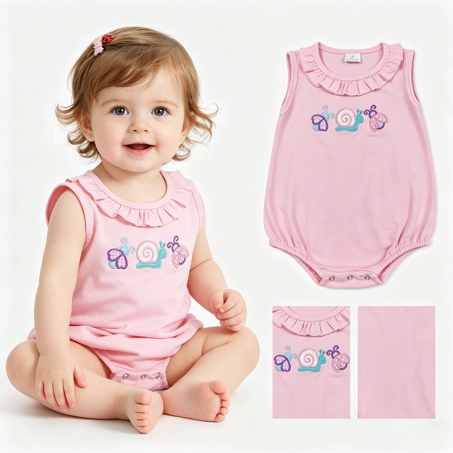 SR4037 Embroidered Snail Insect Pink Ruffle Sleeveless Girls Bubble Romper 202604 RTS