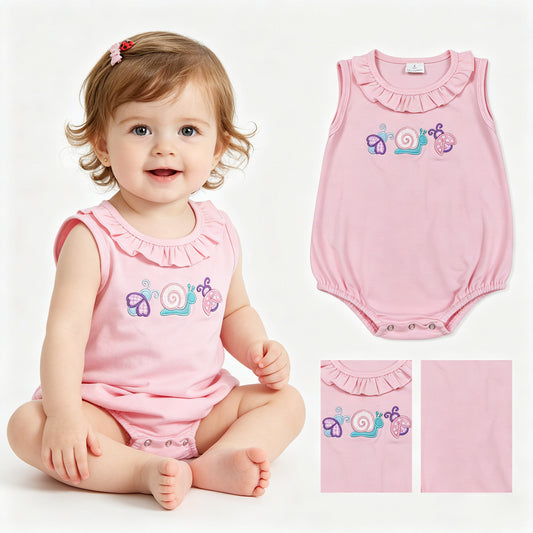 SR4037 Embroidered Snail Insect Pink Ruffle Sleeveless Girls Bubble Romper 202604 RTS