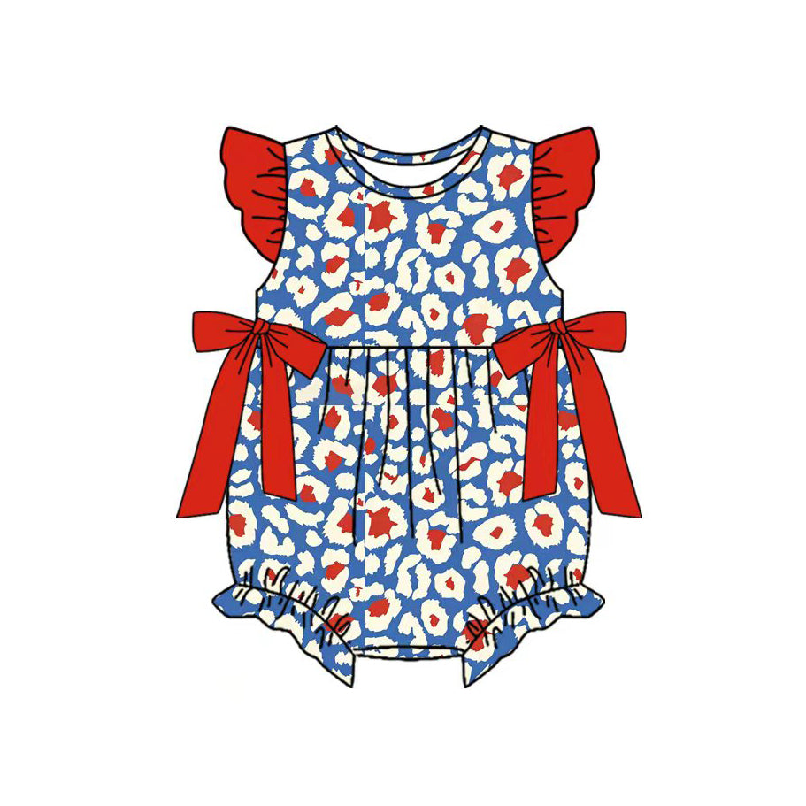 MOQ 5 PCS preorder SR4045 4th of July Red Blue Leopard Bows Fly Sleeve Girls Bubble Romper 202601